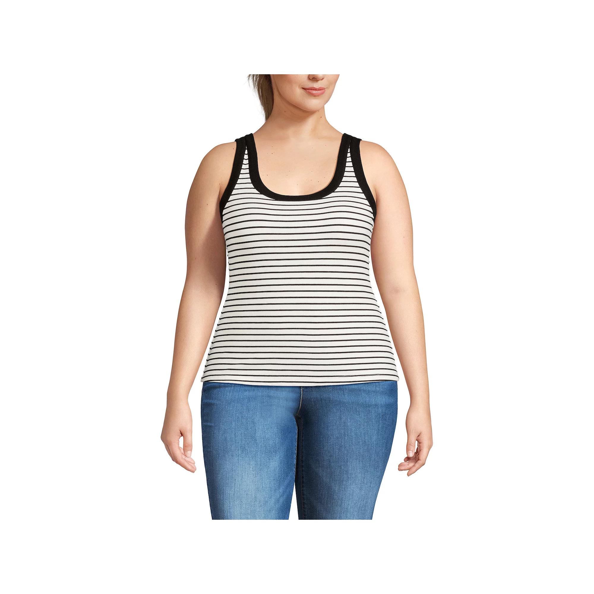 Plus Size Lands' End Drapey Rib Fitted Tank Top, Women's, Size: 3XL, Ivory Black Stripe Product Image