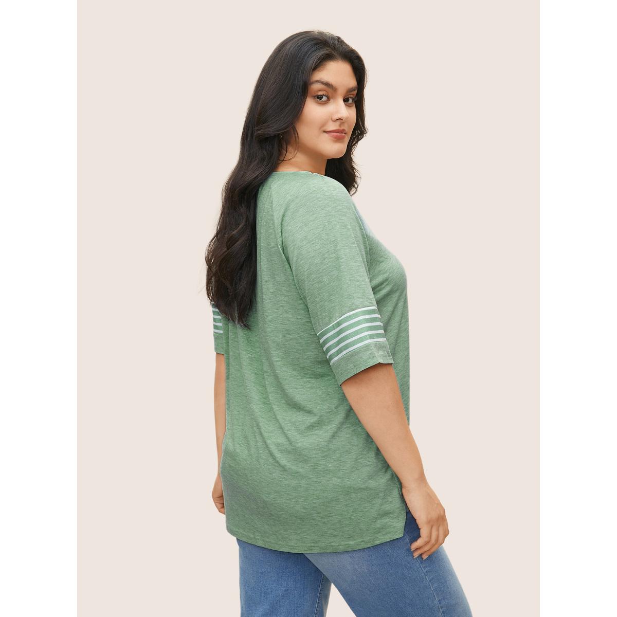 Plus Size Striped Contrast Raglan Sleeve Crew Neck T-shirt Mint Women Casual Plain Everyday T-shirts BloomChic 22-24/3X Product Image