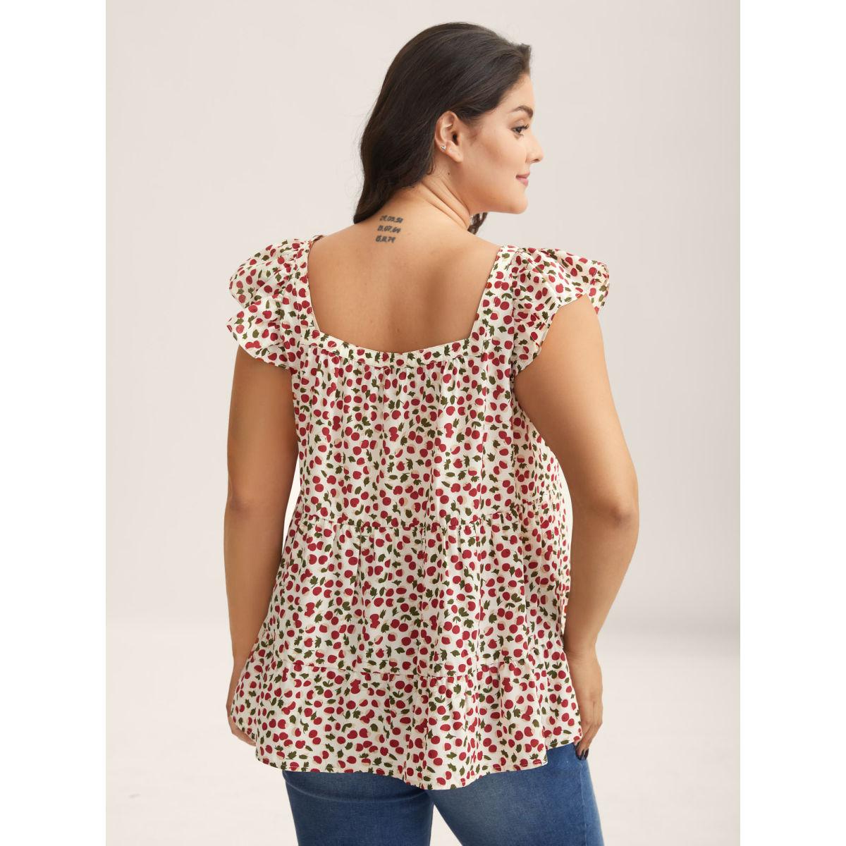 Plus Size Cherry Print Flutter Sleeve Tank Top Women Multicolor Gathered Square Neck Everyday-Casual Tank Tops Camis BloomChic 12/L Product Image