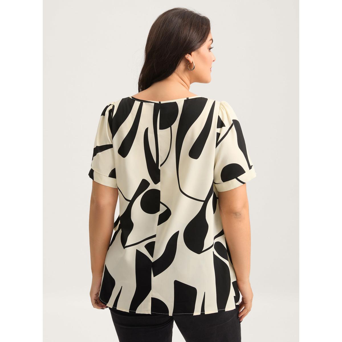 Plus Size Beige Abstract Print Knotted Blouse Women Short sleeve Flat collar with V-notch Work Blouses BloomChic 14-16/1X Product Image
