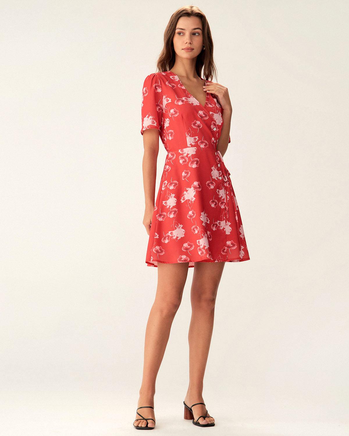 Red Floral A-Line Wrap Mini Dress Product Image