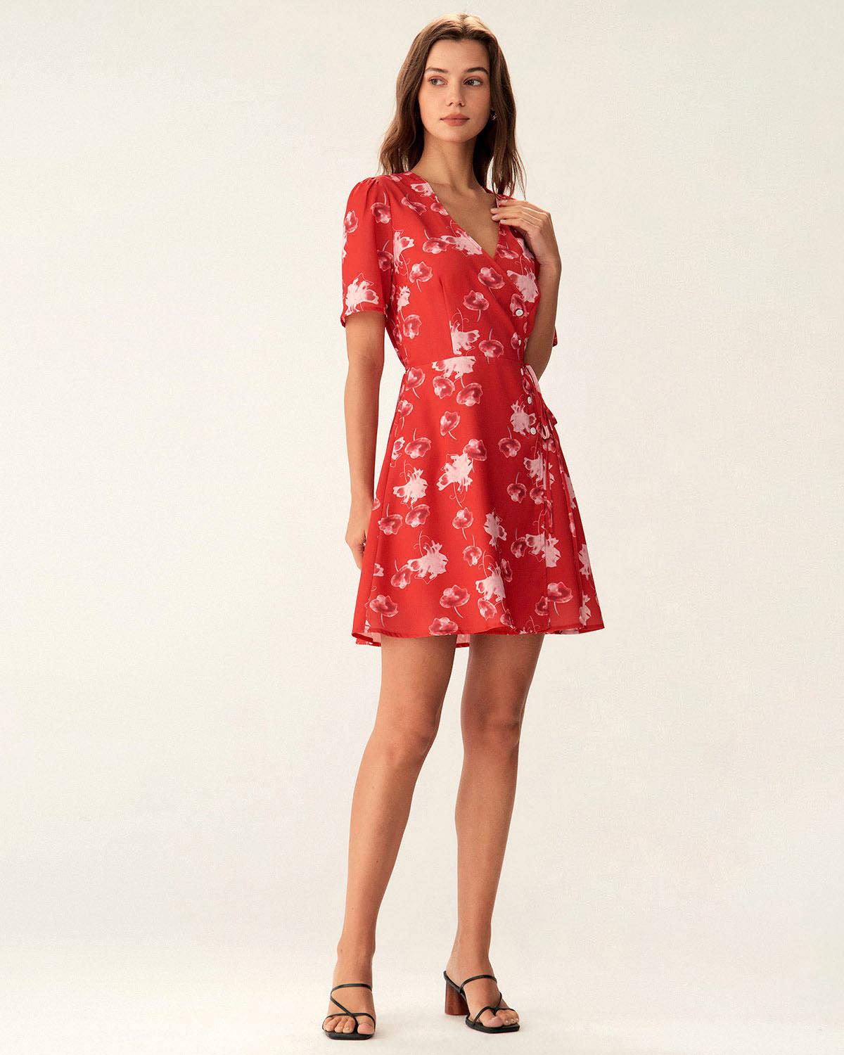 Red Floral A-Line Wrap Mini Dress Product Image