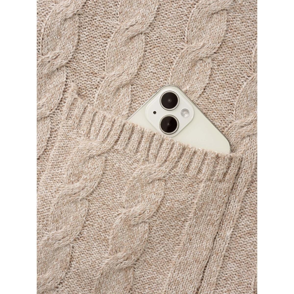 Plus Size Contrast Trim Cable Knit Pocket Cardigan Champagne Women Casual Loose Long Sleeve Everyday Cardigans BloomChic 10/M Product Image