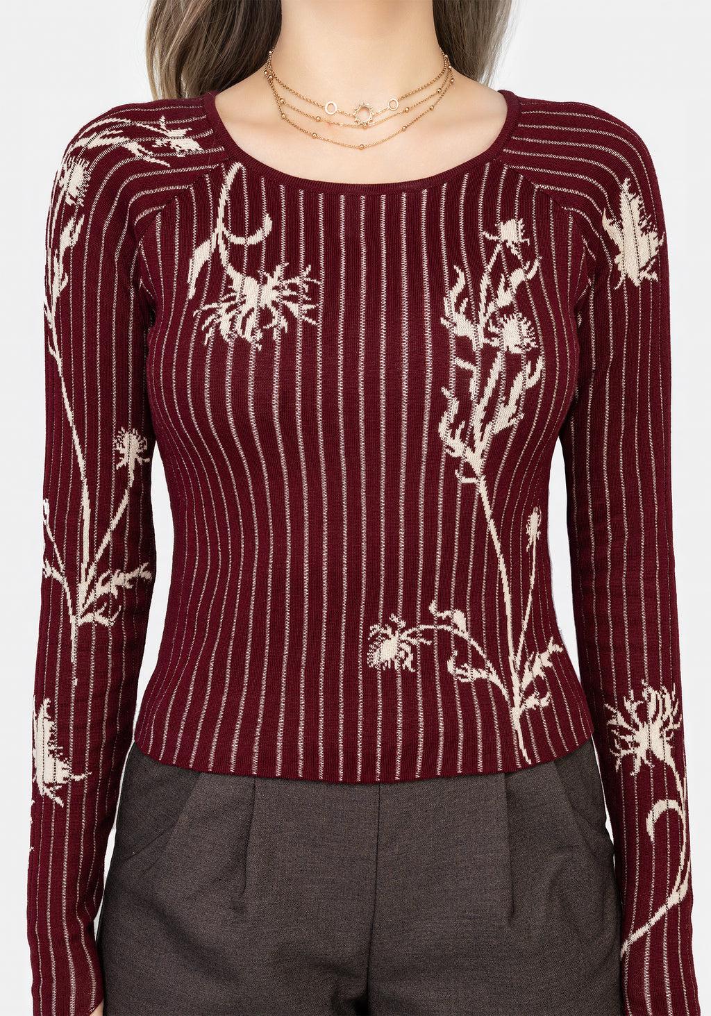 Diastella Floral Jacquard Rib Knit Raglan Sleeve Top - Red Product Image