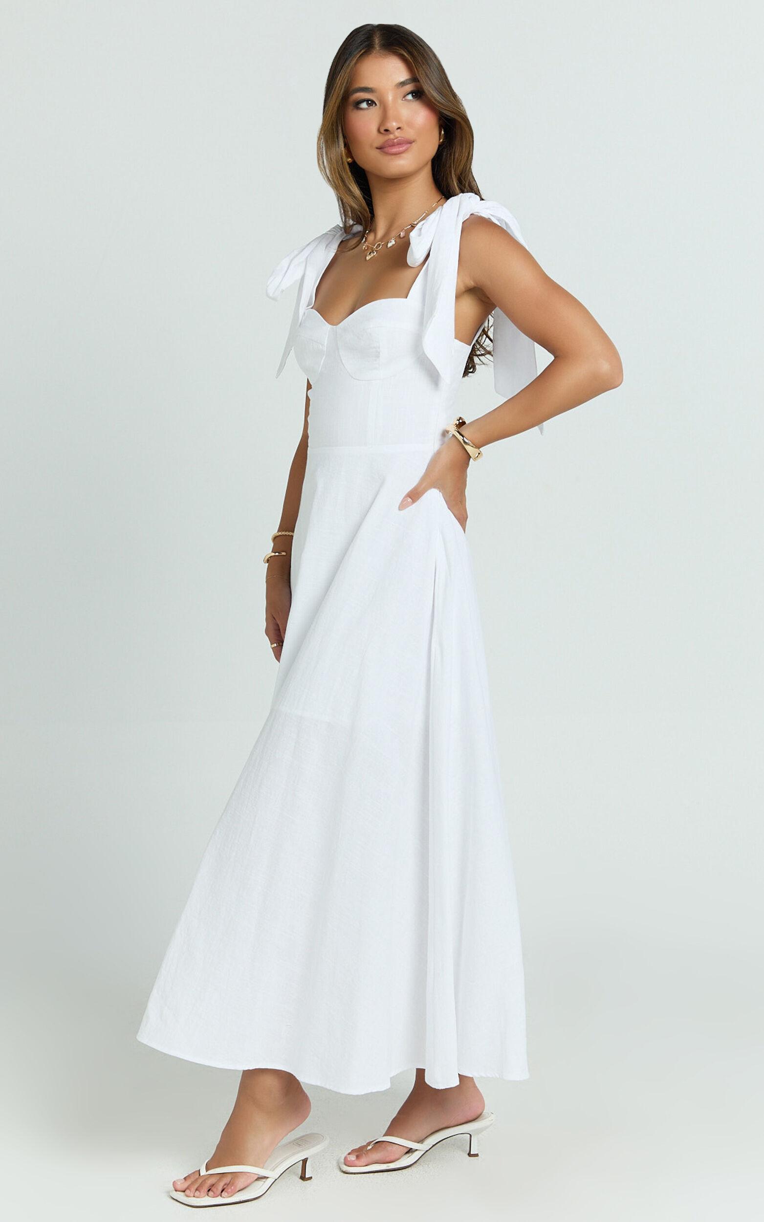 Tymia Midi Dress - Shoulder Tie Bustier Shirred Back A Line in White Product Image