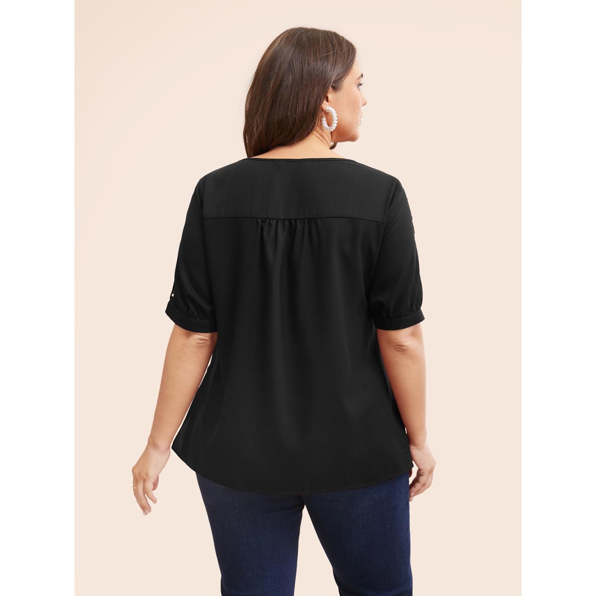 Plus Size Black Round Neck Pearl Beaded Cut Out Blouse Women Elegant Short sleeve Round Neck Everyday Blouses BloomChic 26/4X Product Image