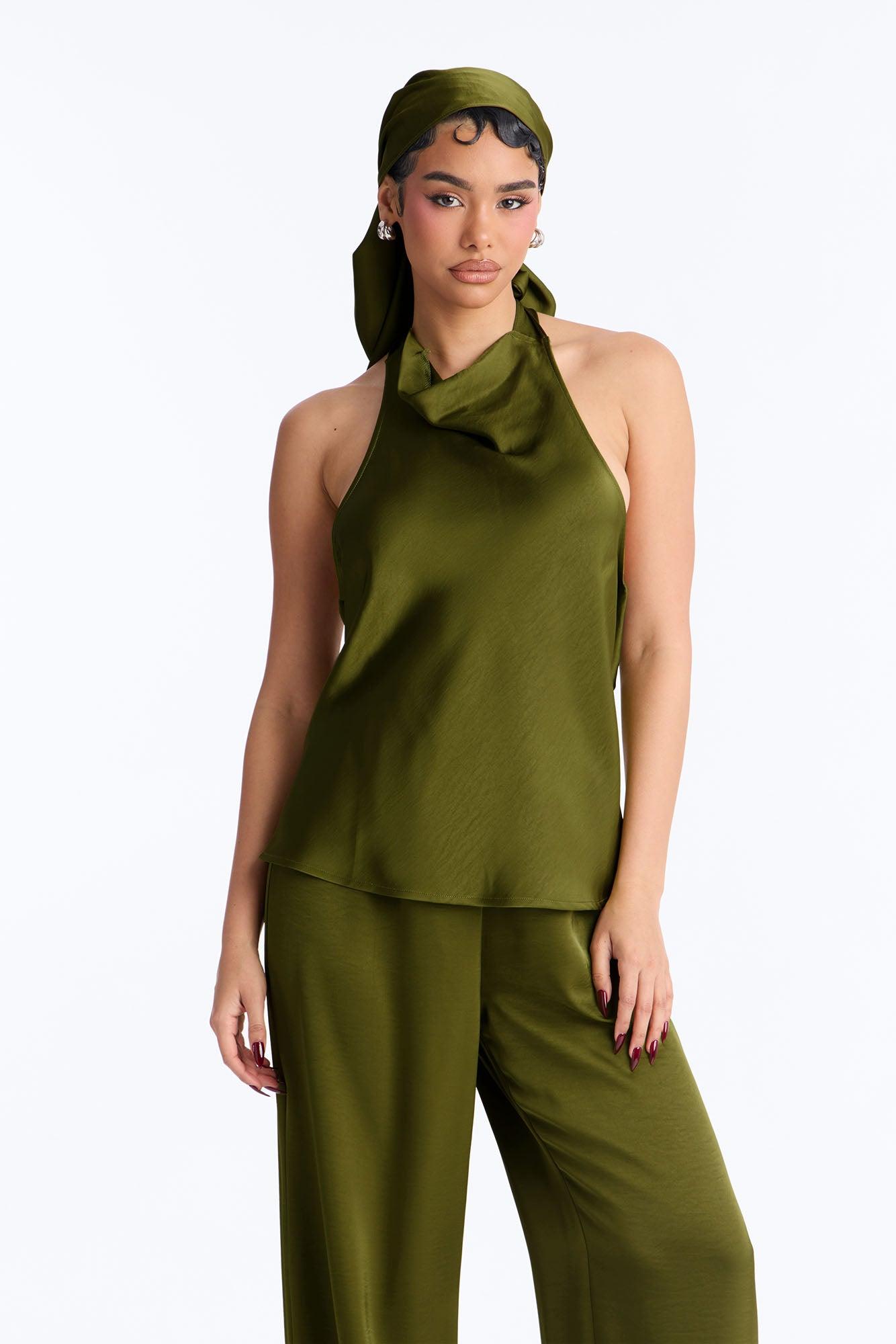 Eve Satin Halter 3 Piece Pant Set - Green Female Product Image