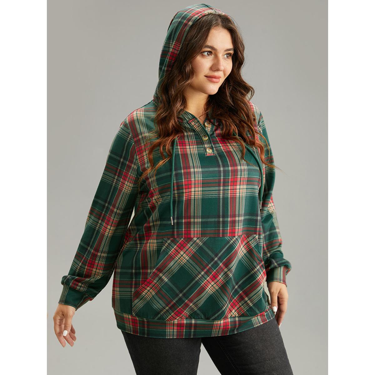 Plus Size Contrast Plaid Button Up Kangaroo Pocket Sweatshirt Women DarkGreen Casual Button Hooded Dailywear Sweatshirts BloomChic 14-16/1X Product Image