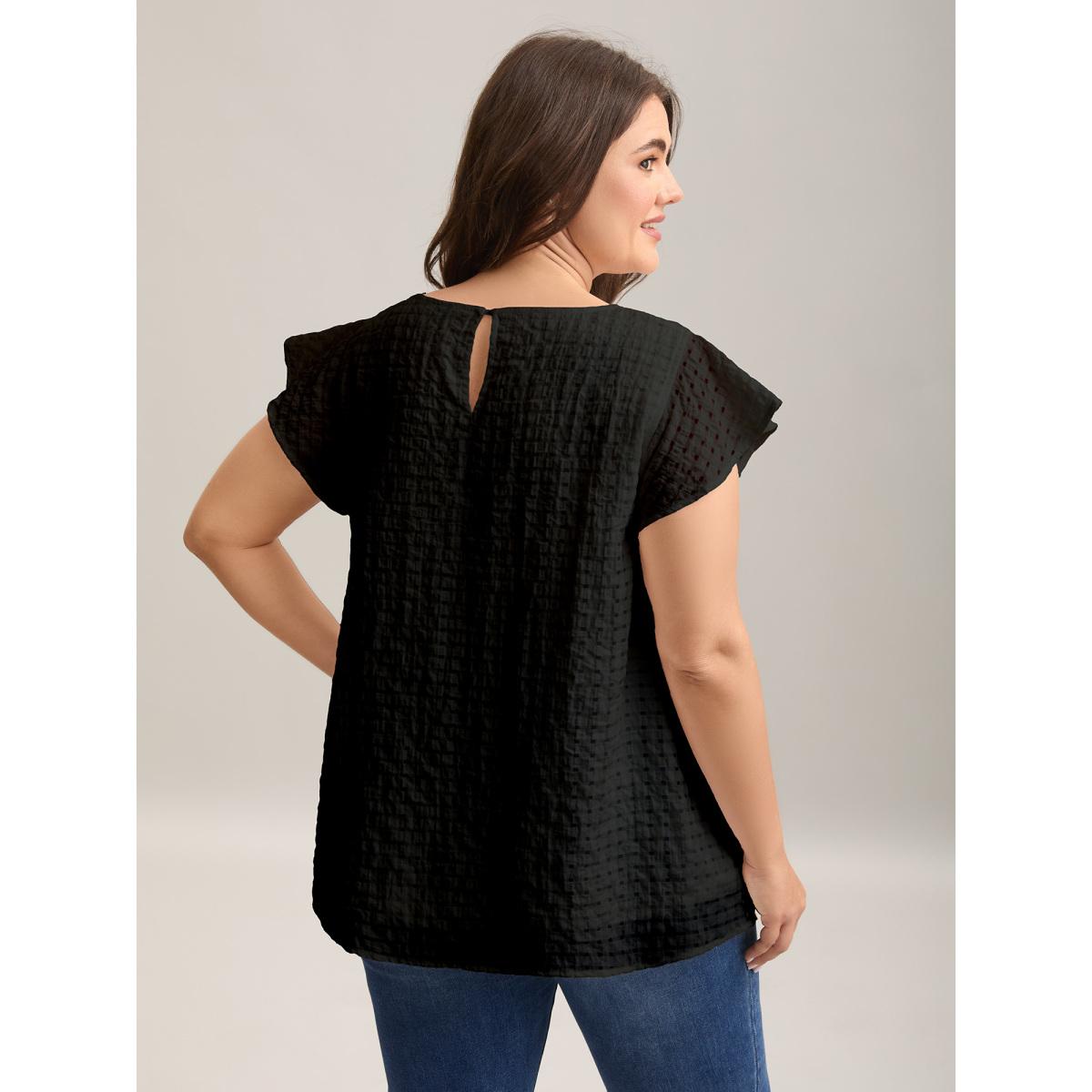 Plus Size Black Textured Sheer Lined Flutter Sleeve Blouse Women Leisure Cap Sleeve Round Neck Casual Blouses BloomChic 30/6X Product Image
