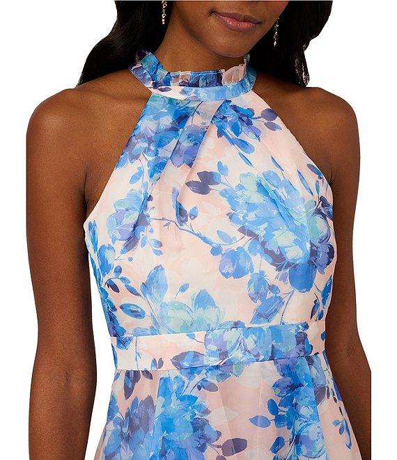 Adrianna Papell Halter Neckline Sleeveless Floral Organza Ruffle Hi Lo Midi Dress Product Image