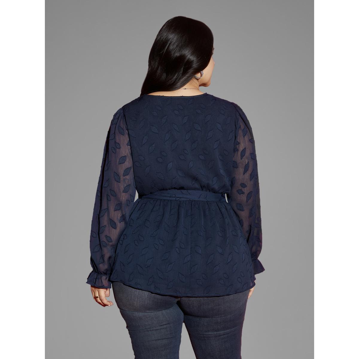 Plus Size Indigo Burn-out Fabric Surplice Neckline Shirt Women Cocktail Long Sleeve Overlap Collar Party Blouses BloomChic 18-20/2X Product Image