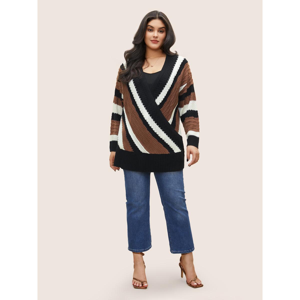 Plus Size Contrast Colorblock Wrap Deep V Neck Pullover DarkBrown Women Casual Long Sleeve Deep V-neck Everyday Pullovers BloomChic 22-24/3X Product Image