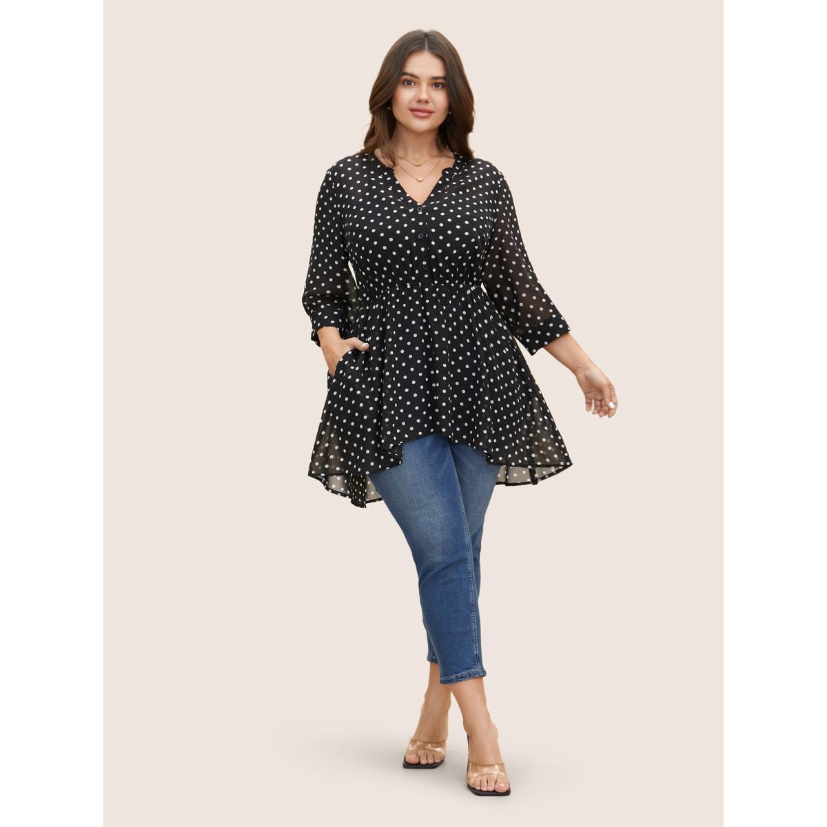 Plus Size Black Chiffon Polka Dot Button Detail Blouse Women Elegant Elbow-length sleeve Flat collar with V-notch Everyday Blouses BloomChic 10/M Product Image