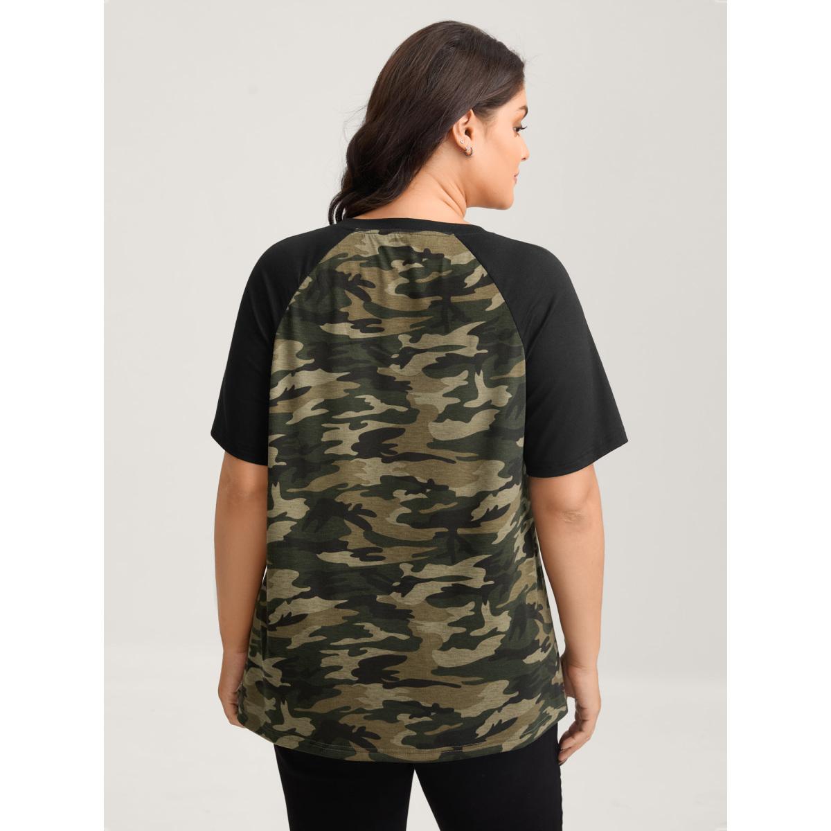 Plus Size Camouflage Print Raglan Sleeve T-Shirt Multicolor Women Contrast V-neck Everyday-Casual T-shirts BloomChic 22-24/3X Product Image