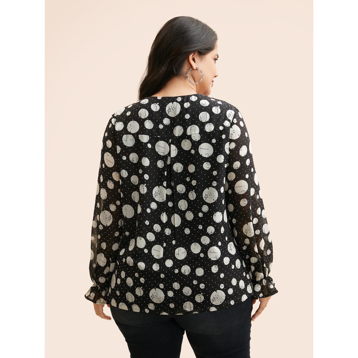 Plus Size Black Polka Dot Rhinestone Lantern Sleeve Blouse Women Casual Long Sleeve V-neck Everyday Blouses BloomChic 12/L Product Image