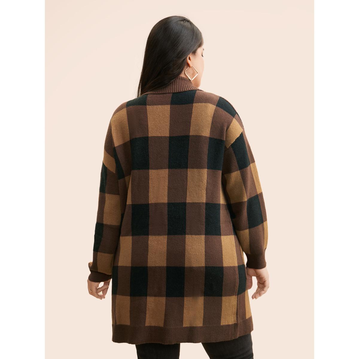 Plus Size Supersoft Essentials Plaid Kimono Collar Cardigan Browncoffeecolor Women Casual Loose Long Sleeve Everyday Cardigans BloomChic 26/4X Product Image