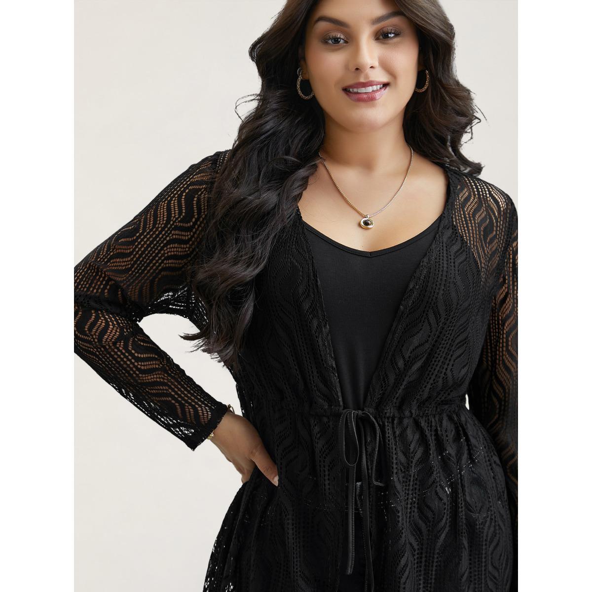 Plus Size Textured Sheer Drawstring Curved Kimono Women Black Elegant Texture Everyday Kimonos BloomChic 26/4X Product Image