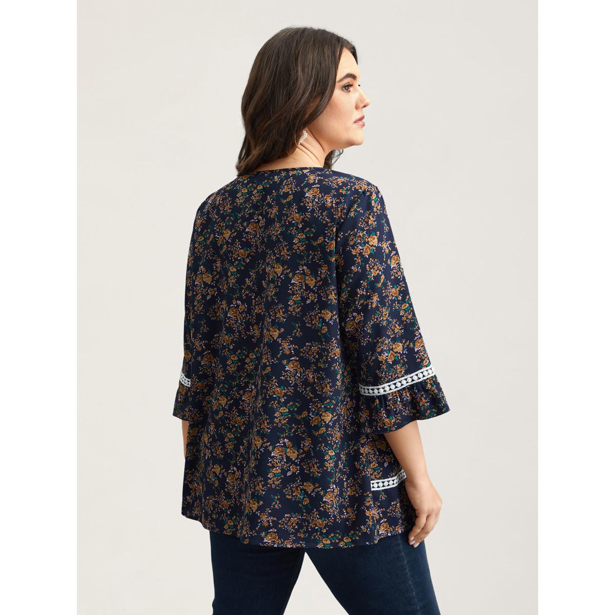 Plus Size Indigo Floral Print Lace Paneled Gathered Shirt Women Elegant Elbow-length sleeve Round Neck Everyday Blouses BloomChic 28/5X Product Image