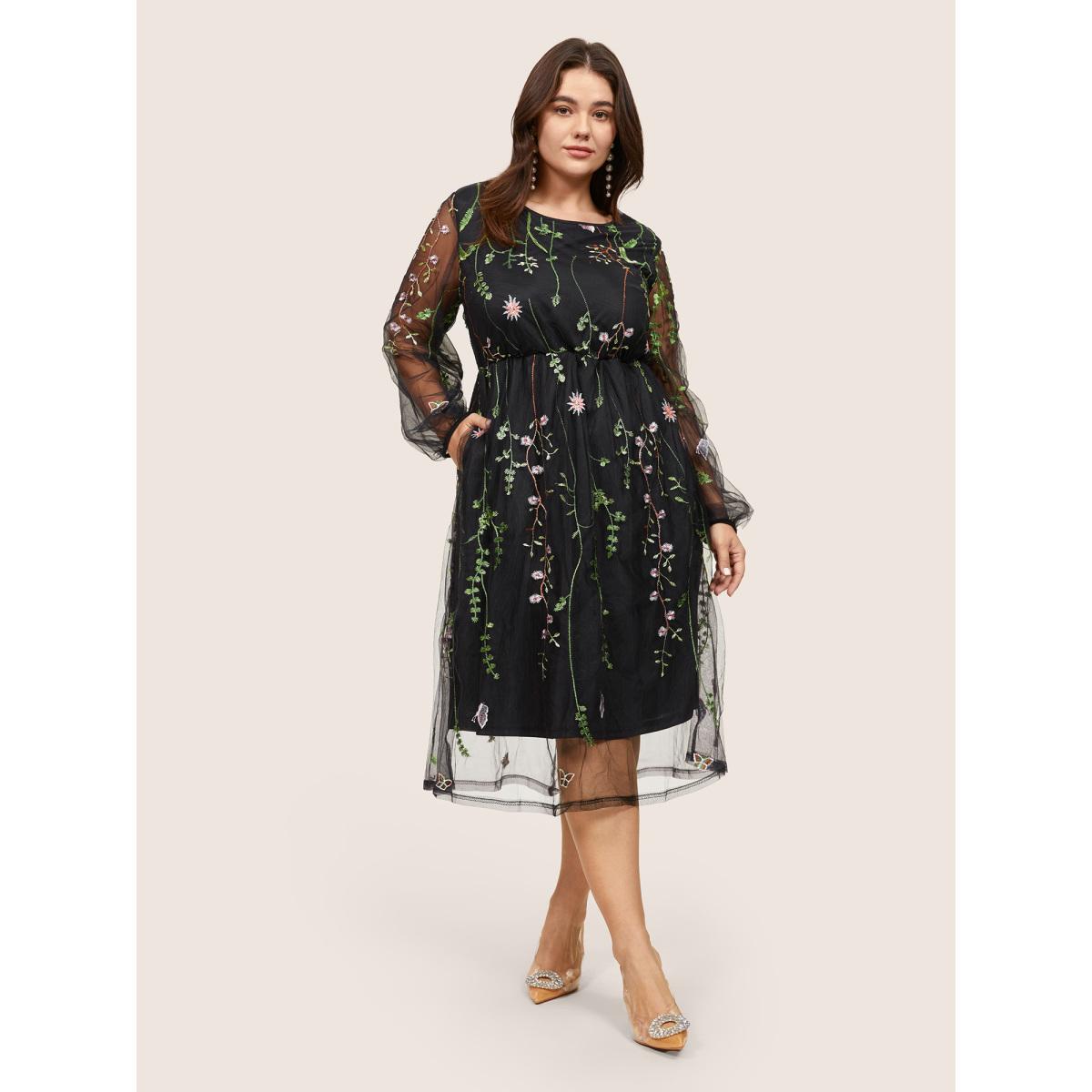 Plus Size Floral Embroidered Mesh Pocket Lantern Sleeve Dress Black Women Cocktail Elastic cuffs Round Neck Long Sleeve Curvy Midi Dress BloomChic 10/M Product Image