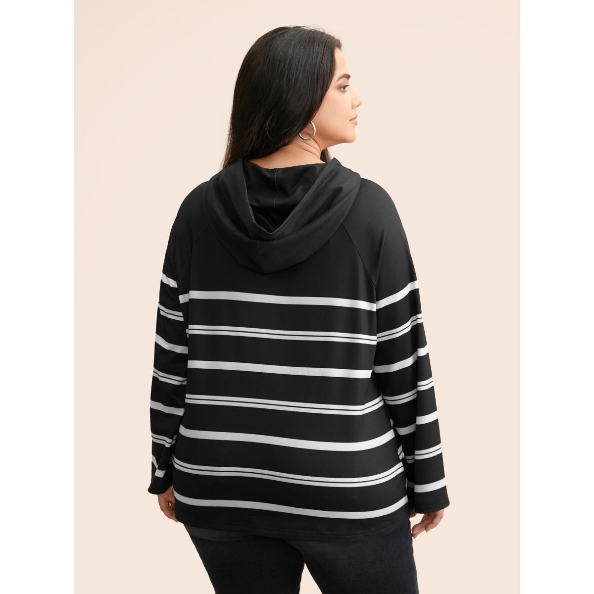 Plus Size Striped Hooded Drawstring Raglan Sleeve Sweatshirt Women Black Casual Eyelet Loose Hooded Everyday Sweatshirts BloomChic 12/L Product Image