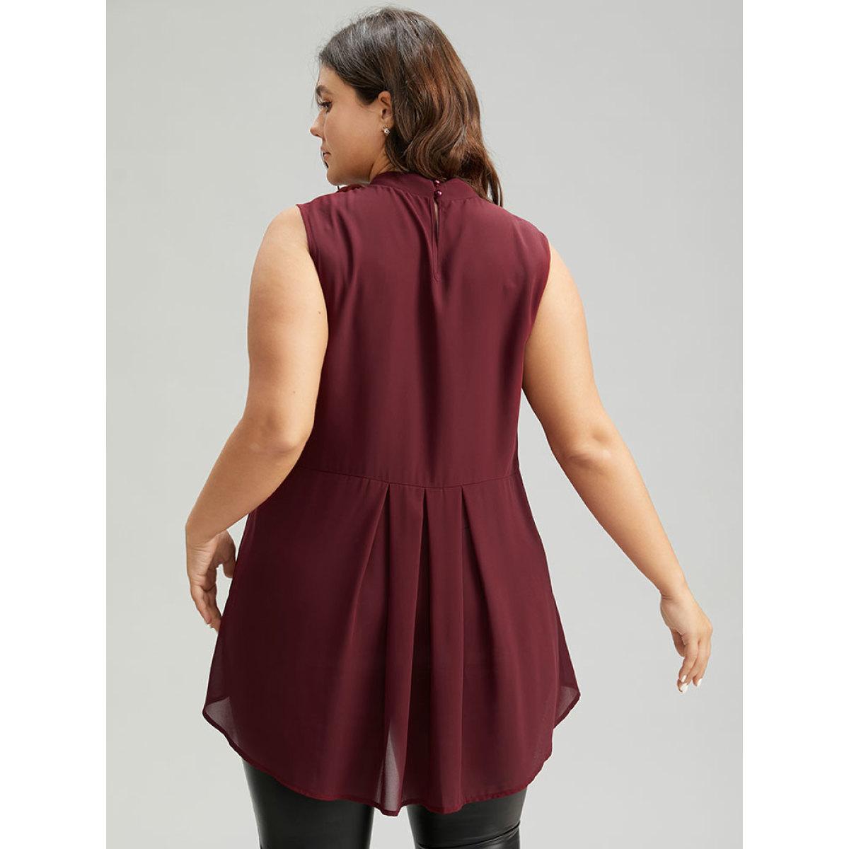 Plus Size Rose Detail Layered High Low Hem Chiffon Tank Top Women Burgundy Casual Plain Mock Neck Festival-Christmas Tank Tops Camis BloomChic 18-20/2X Product Image