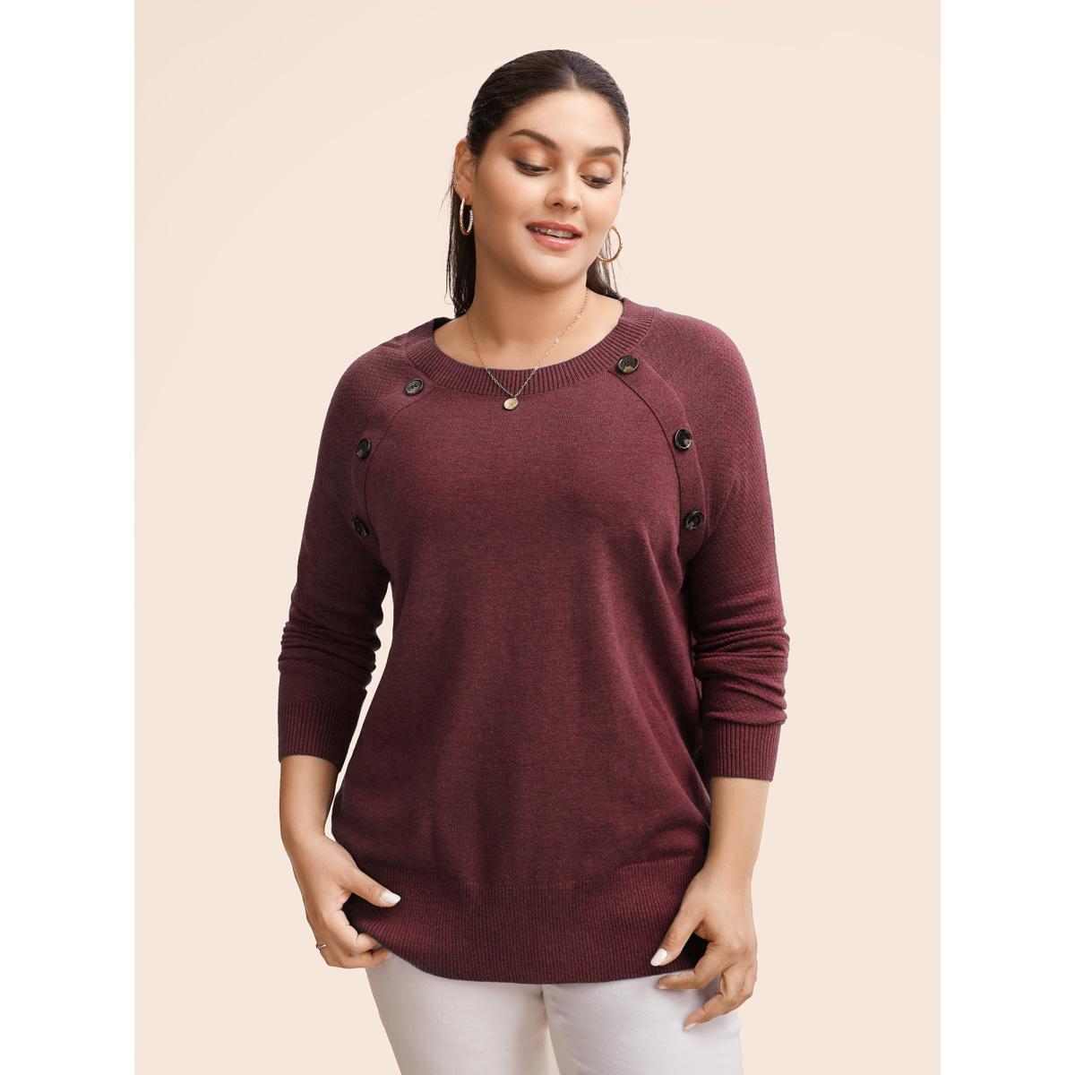 Plus Size Supersoft Essentials Button Detail Raglan Sleeve Pullover DarkGreen Women Casual Long Sleeve Round Neck Dailywear Pullovers BloomChic 22-24/3X Product Image