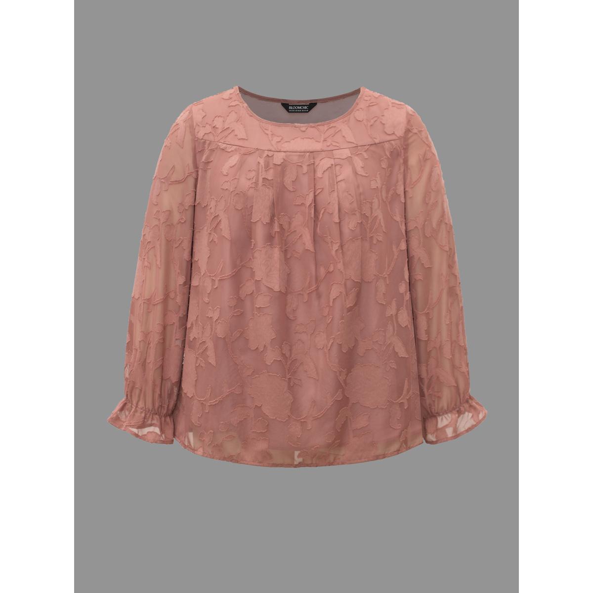 Plus Size Rouge Silhouette Floral Textured Lantern Sleeve Blouse Women Elegant Long Sleeve Round Neck Everyday Blouses BloomChic 28/5X Product Image