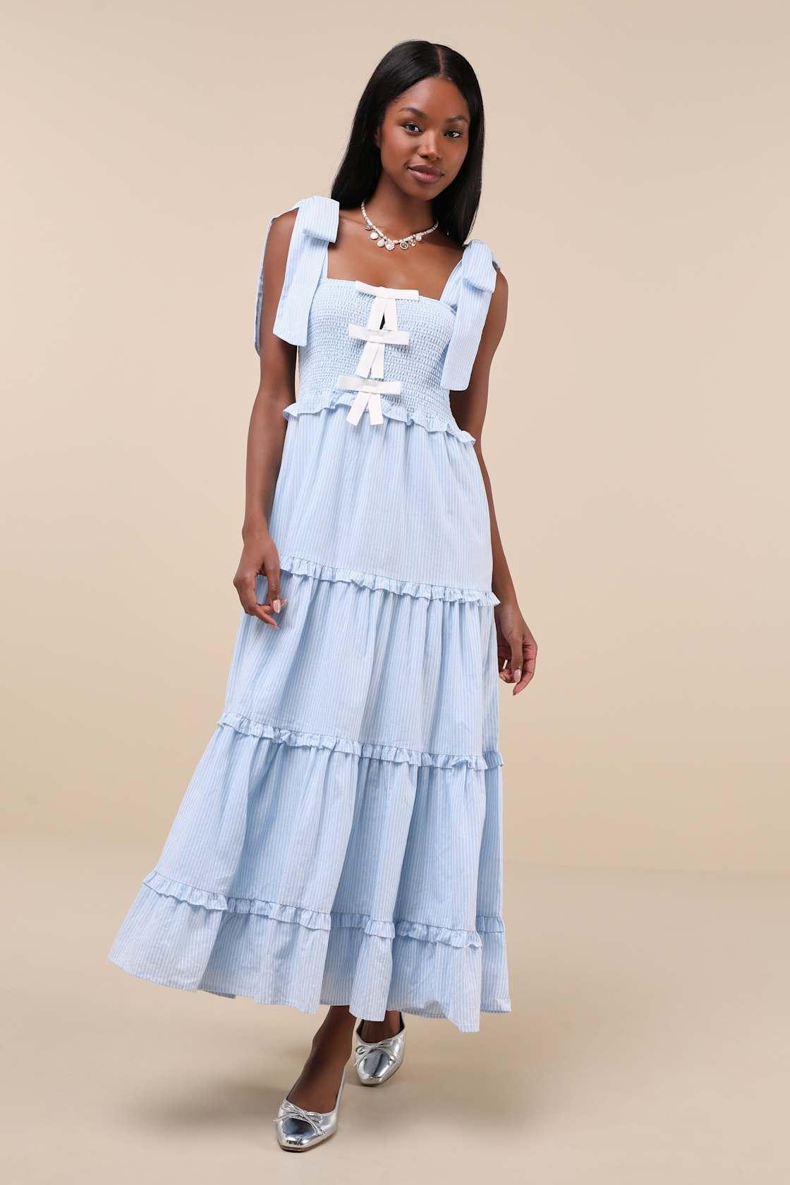 Kansas Blue Striped Tiered Smocked Tie-Strap Bow Midi Dress Product Image