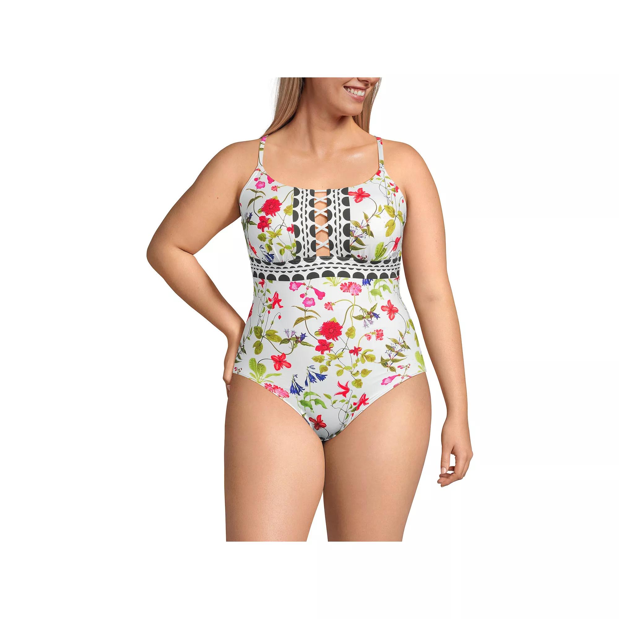 Plus Size Lands' End Lace-Up Front One-Piece Swimsuit, Women's, Size: 20 W, White Stripe Product Image