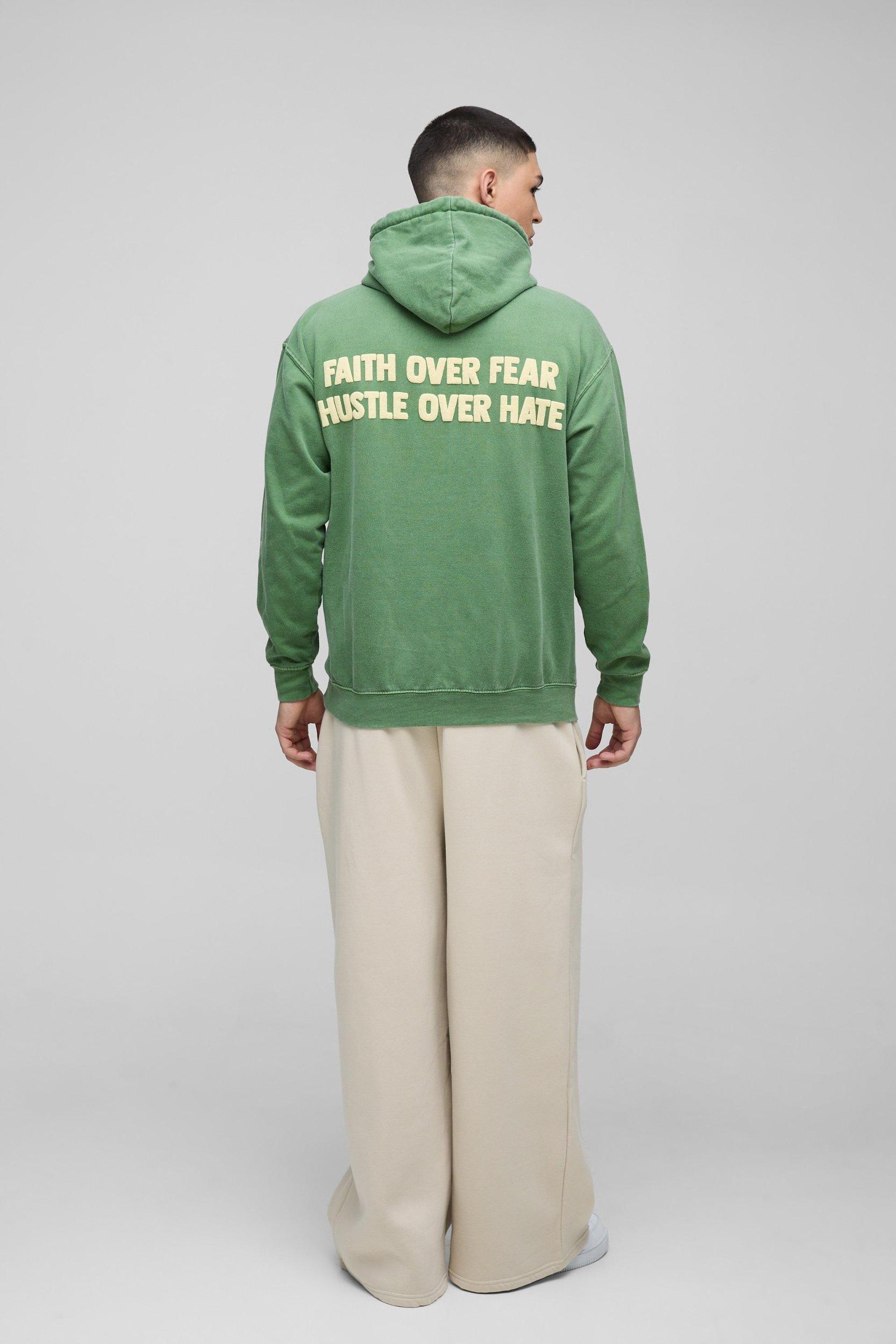 Regular Fit Washed Faith Over Fear Text Puff Print Graphic Hoodie | boohooMAN USA Product Image