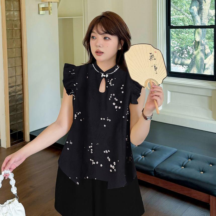 Plus Size Cap-Sleeve Stand Collar Floral Print Cutout Frog Buttoned Blouse Product Image