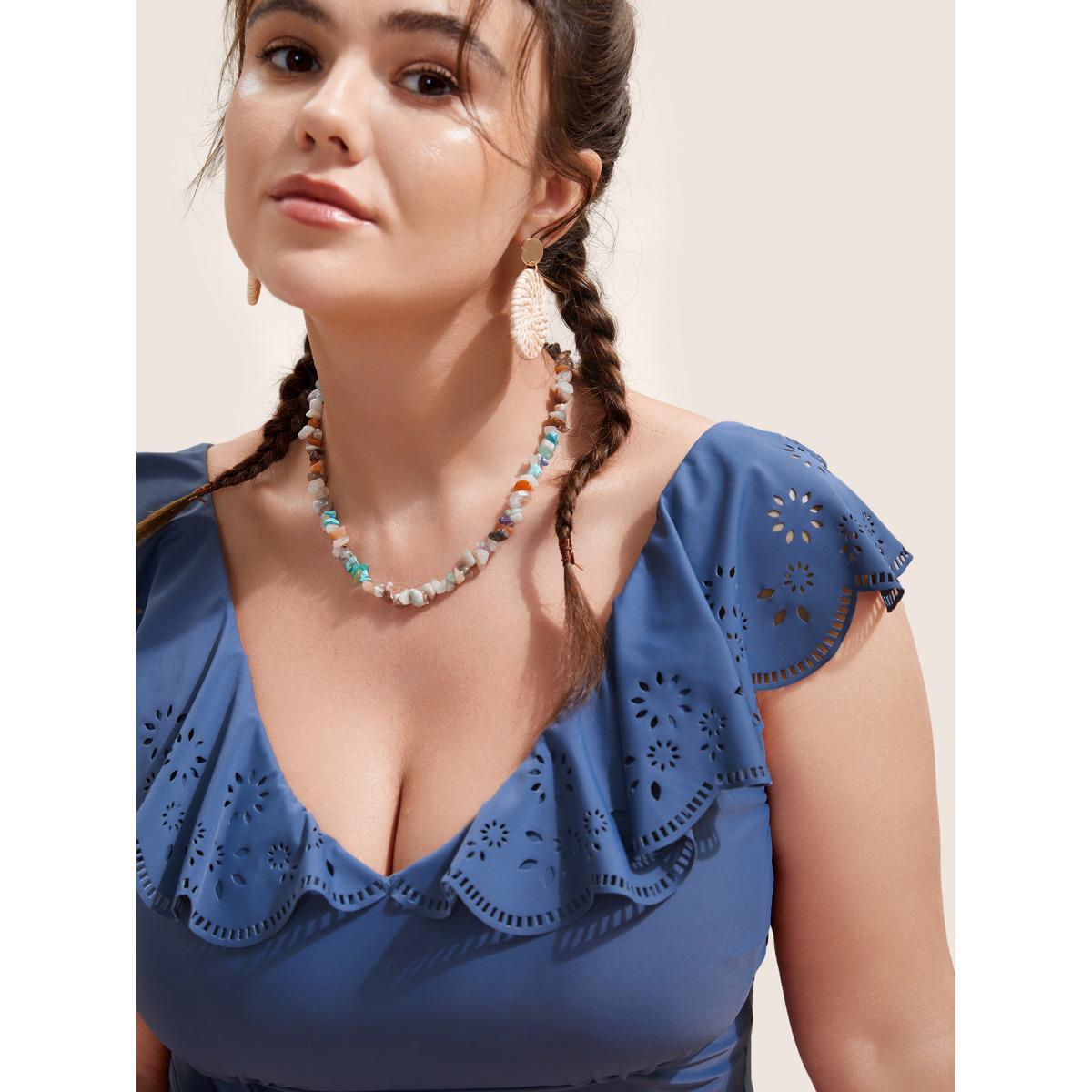 Plus Size Plain Laser Cut Flutter Trim One Piece Swimsuit Women's Swimwear Indigo Beach Gathered Curve Bathing Suits High stretch One Pieces BloomChic 28/5X Product Image