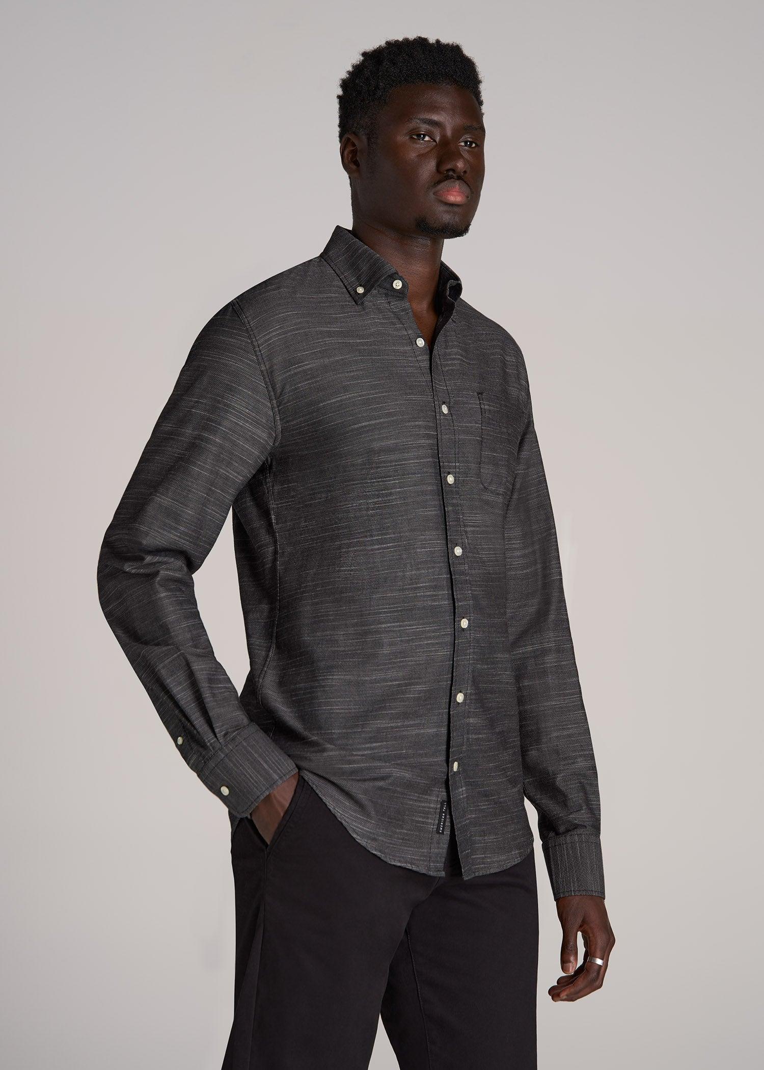Textured Weave Cotton Button-Up Shirt for Tall Men in Black Male Product Image