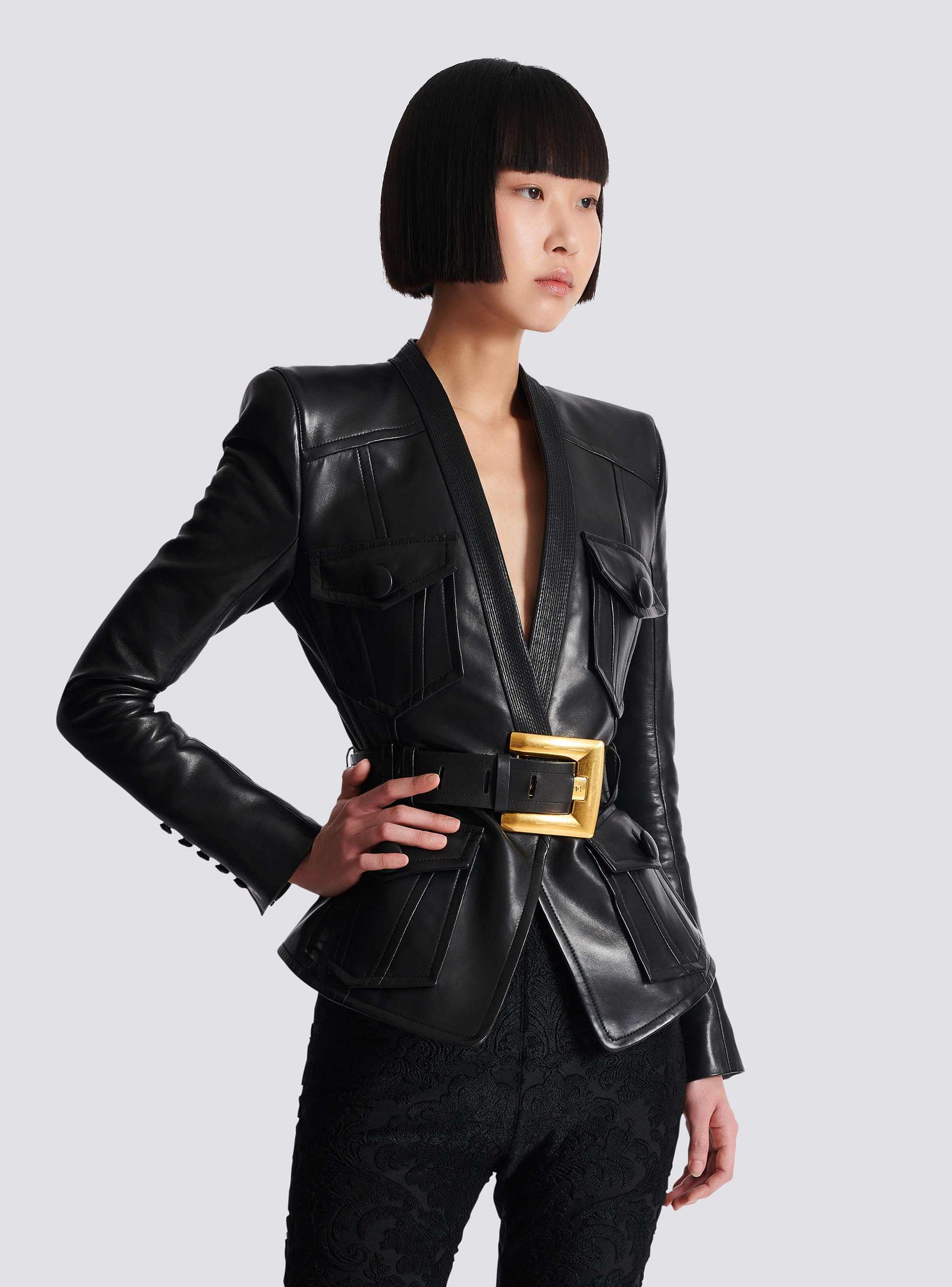 1-button belted leather jacket Product Image