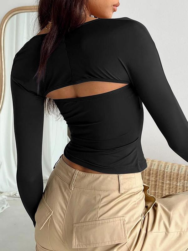Long Sleeves Skinny Solid Color Collarless T-Shirts Tops Product Image