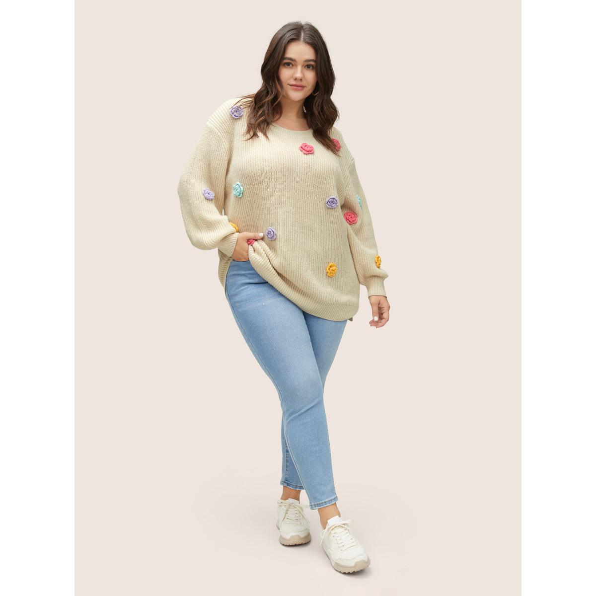 Plus Size Stereo Flower Design Split Hem Pullover Apricot Women Casual Long Sleeve Round Neck Everyday Pullovers BloomChic 14-16/1X Product Image