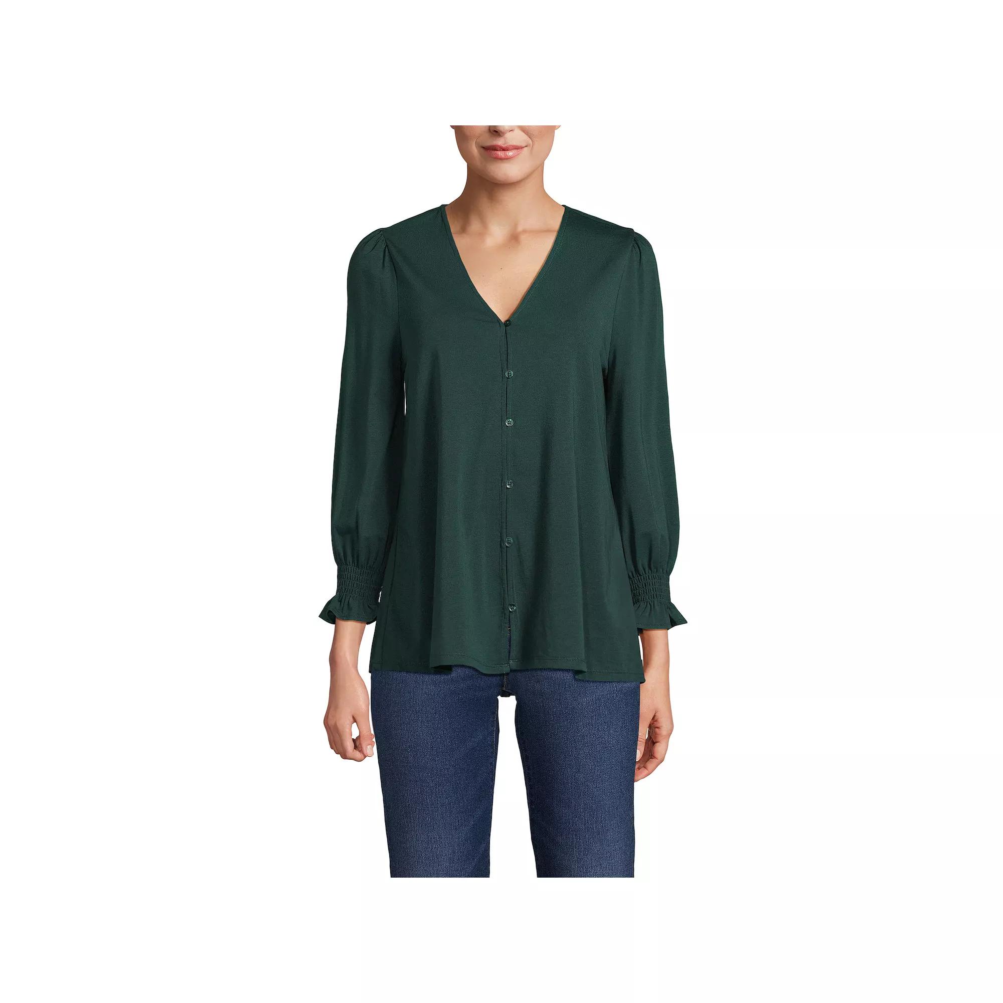 Women's Lands' End 3/4 Sleeve Lightweight Jersey Button Front Top,  Product Image