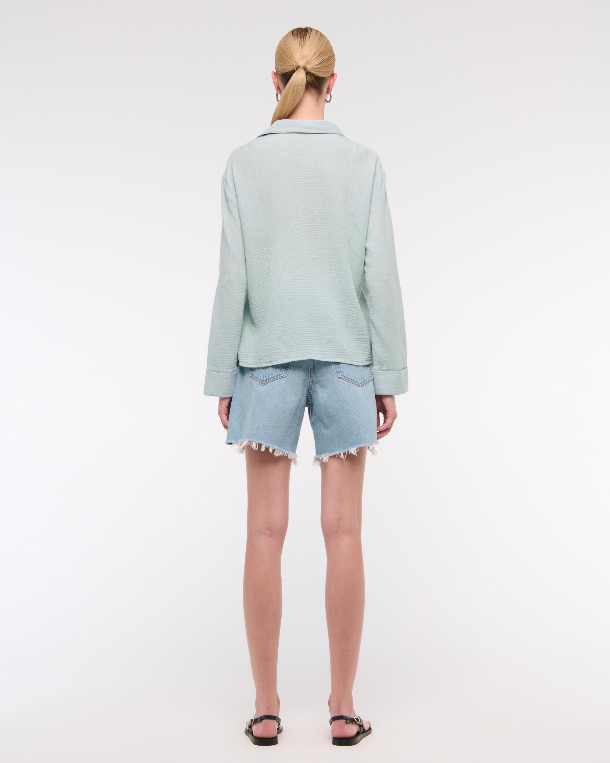 Long-Sleeve Oversized Tie-Front Gauzy Shirt Product Image