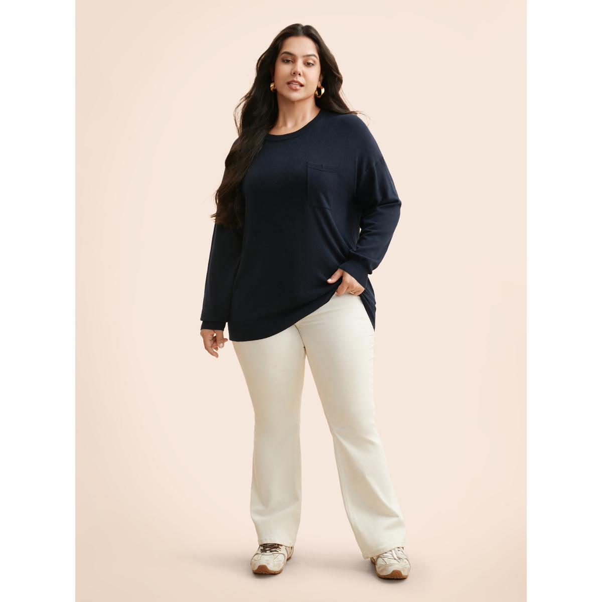 Plus Size Supersoft Chest Pocket Wool Top Indigo Women Casual Loose Long Sleeve Round Neck Everyday Pullovers BloomChic 26/4X Product Image