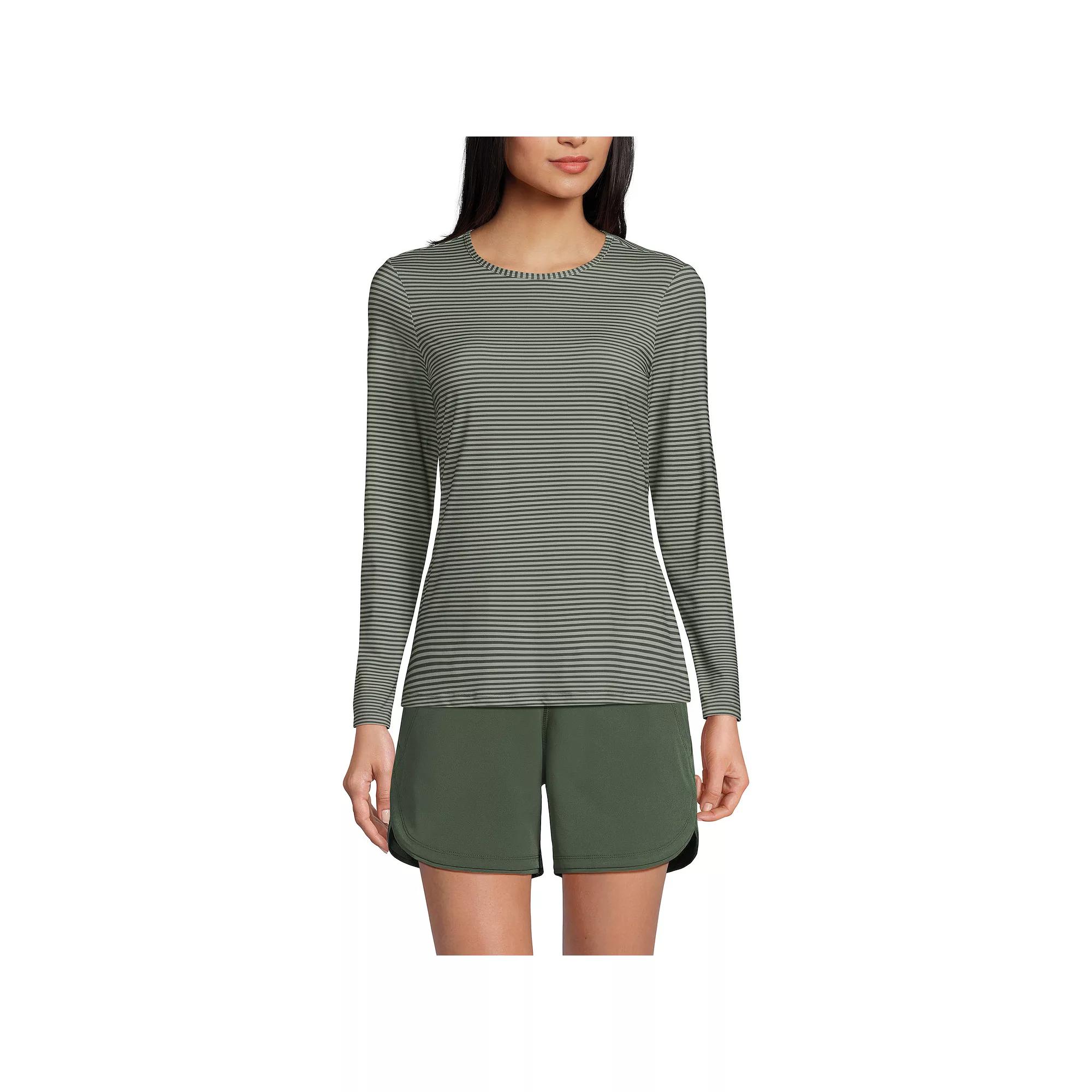 Women's Lands' End UPF 50 Long Sleeve Rash Guard, Size: XL, Olive Green Stripe Product Image