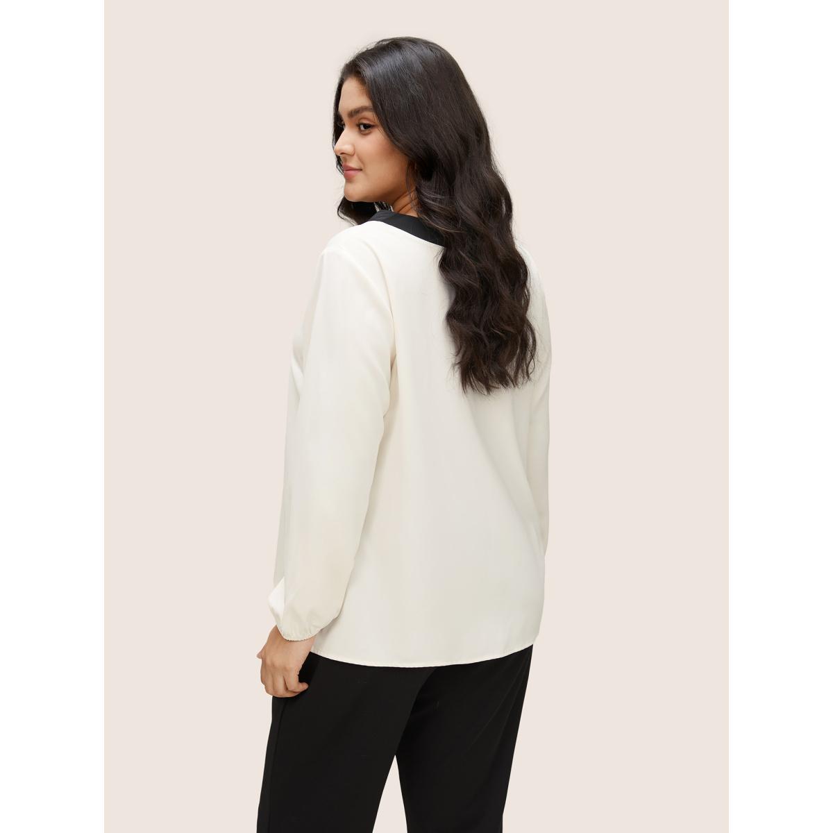 Plus Size Ivory Contrast Pearl Decor Tie Decoration Blouse Women At the Office Long Sleeve V-neck Work Blouses BloomChic 18-20/2X Product Image