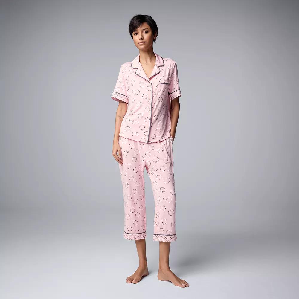 Women's Simply Vera Vera Wang 2-Piece Short Sleeve Notch Collar Pajama Top & Capri Pajama Bottoms Set, Size: Medium, Blush Circles Product Image