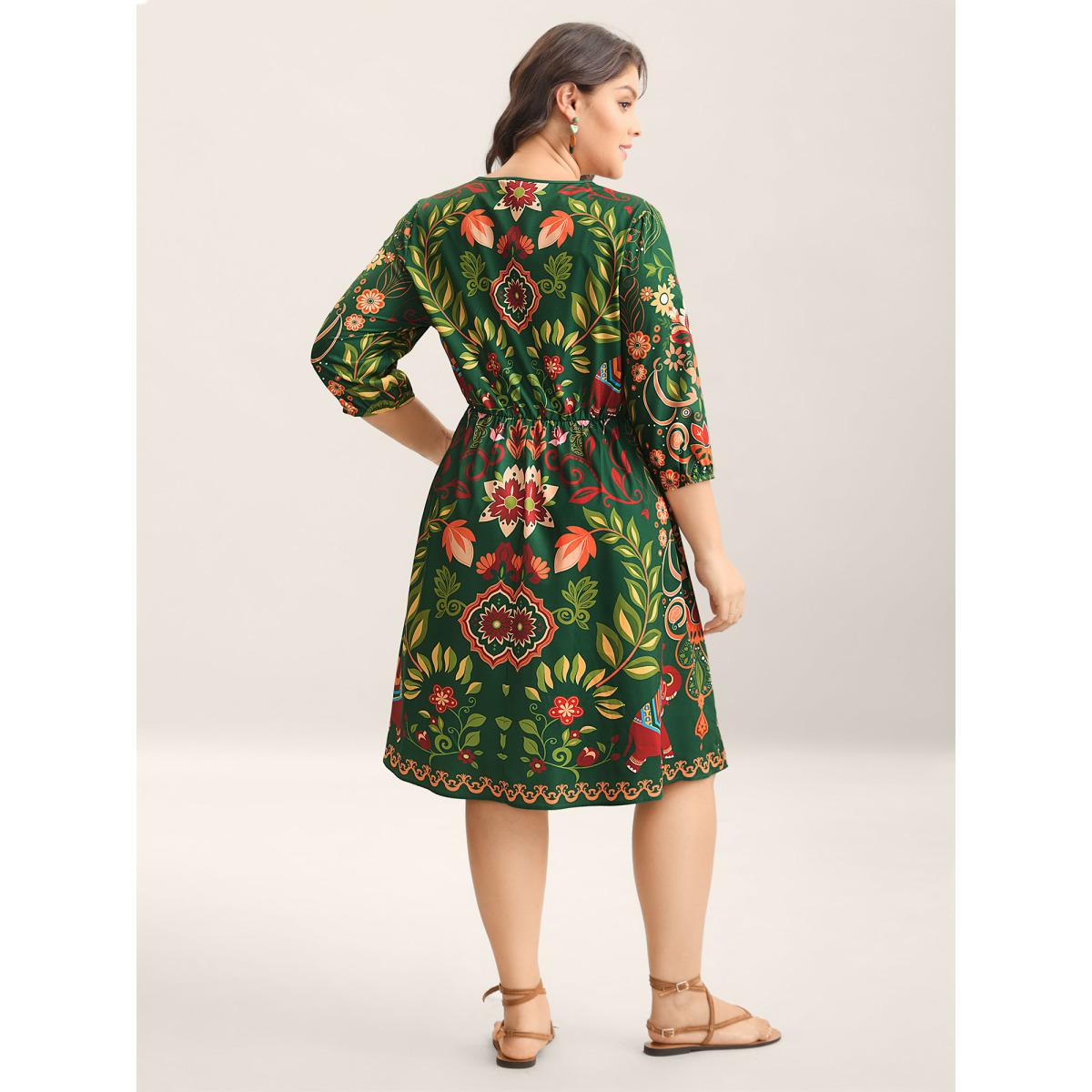 Plus Size Boho Print V-Neck Pockets Midi Dress Truegreen Women Boho Non V-neck Elbow-length sleeve Curvy BloomChic 12/L Product Image