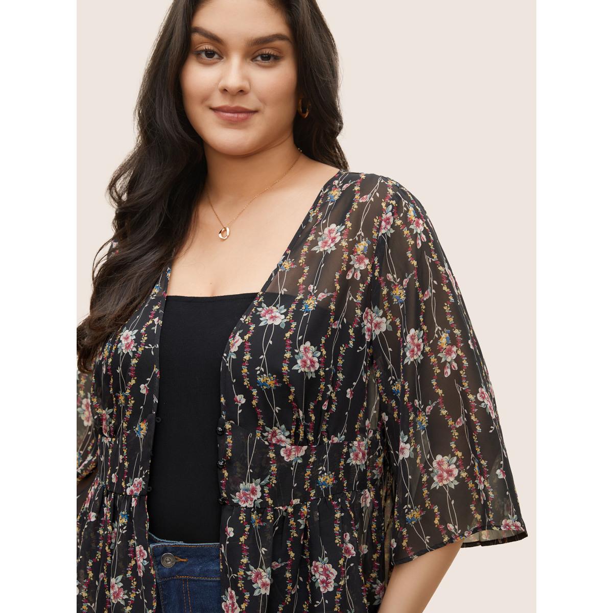Plus Size Floral Mesh Bell Sleeve Curved Hem Kimono Women Black Elegant Asymmetrical Everyday Kimonos BloomChic 14-16/1X Product Image