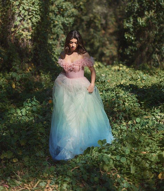 Mac Duggal Tulle Ombre Print Off-The-Shoulder Neck Short Sleeve 3D Flower Gown Product Image