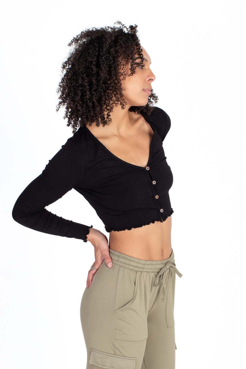 Black Button Down Long Sleeve Crop Product Image