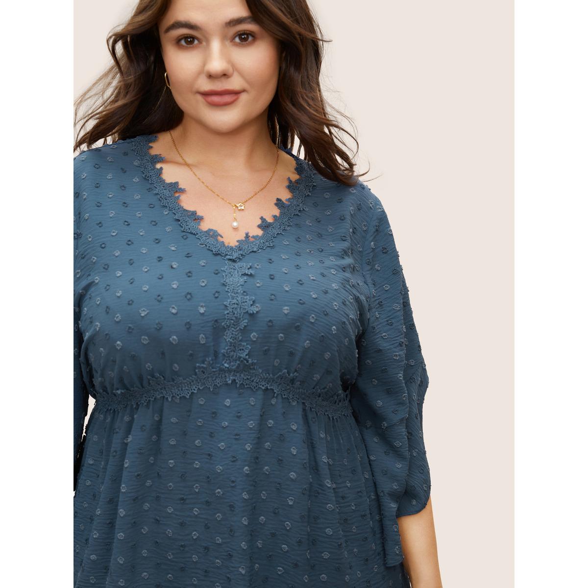 Plus Size Stone Polka Dot Textured Petal Sleeve Lace Trim Blouse Women Elegant Half Sleeve V-neck Work Blouses BloomChic 30/6X Product Image