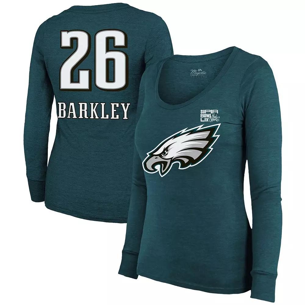 Women's Majestic Threads Saquon Barkley Midnight Green Philadelphia Eagles Super Bowl LIX Player Name & Number Tri-Blend Long Sleeve Scoop Neck T-Shirt, Size: Small Product Image