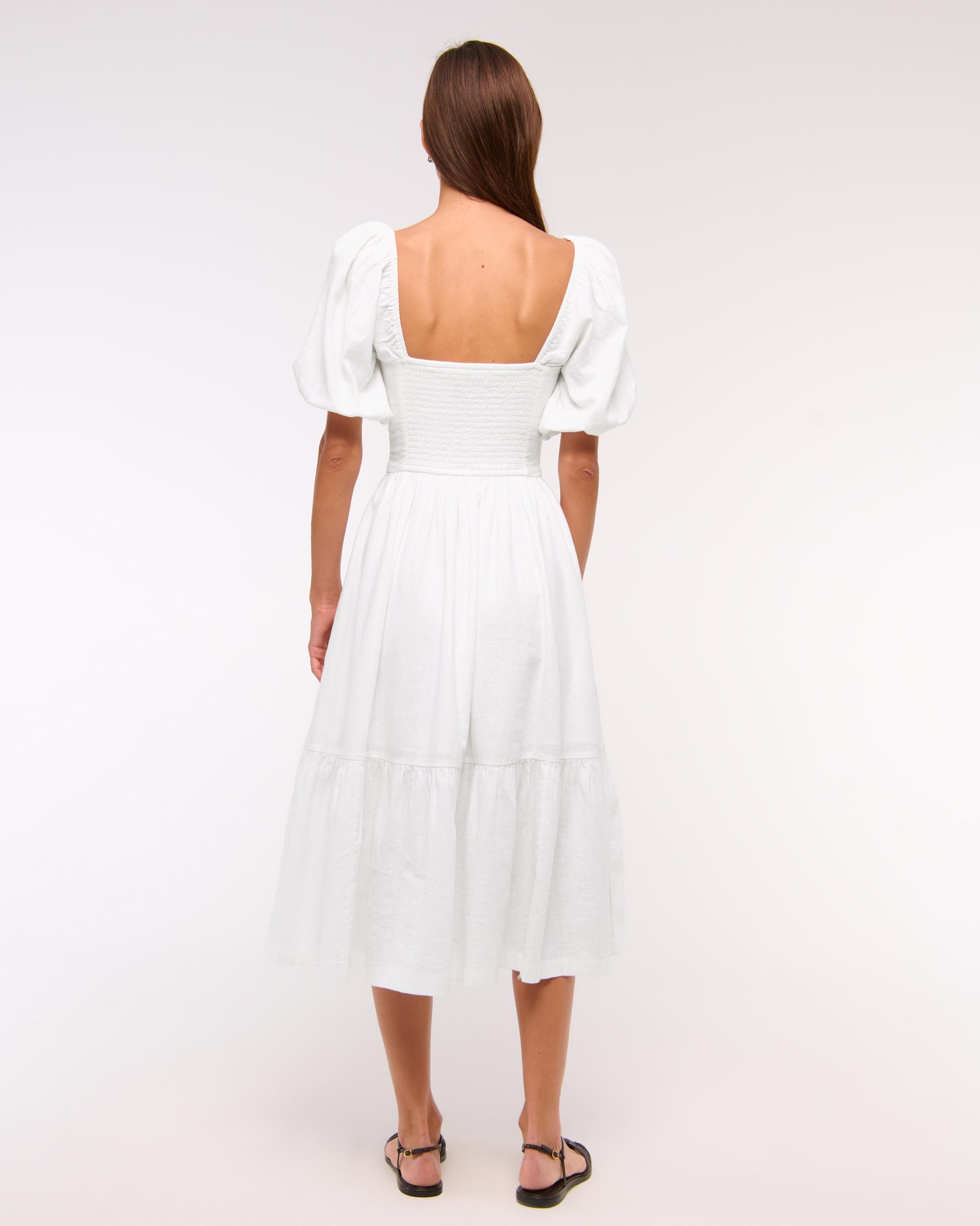 The A&F Emerson Linen-Blend Puff Sleeve Midi Dress Product Image