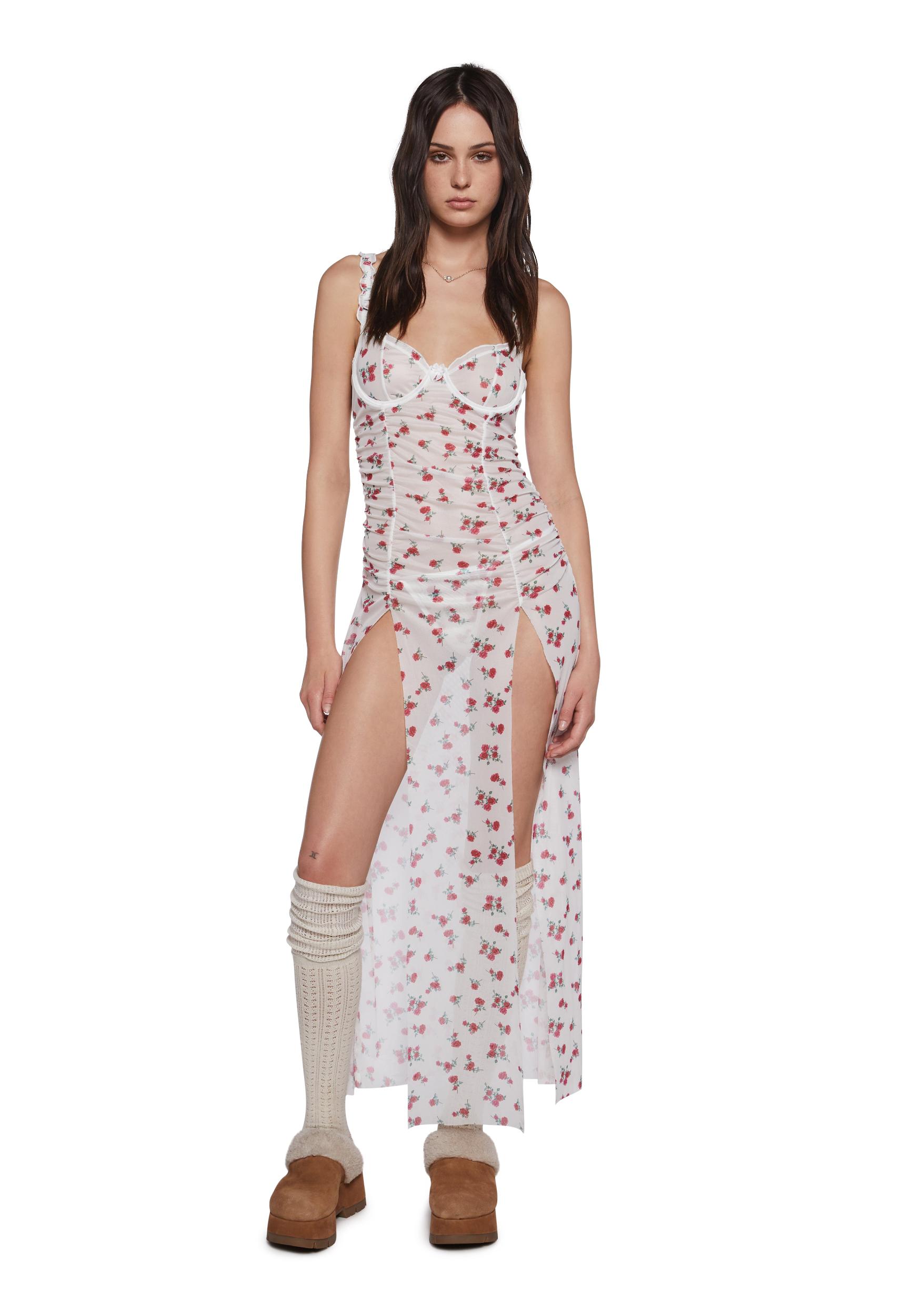 Womens Floral Print Nightdress And Thong Panty Lingerie Set - White Product Image